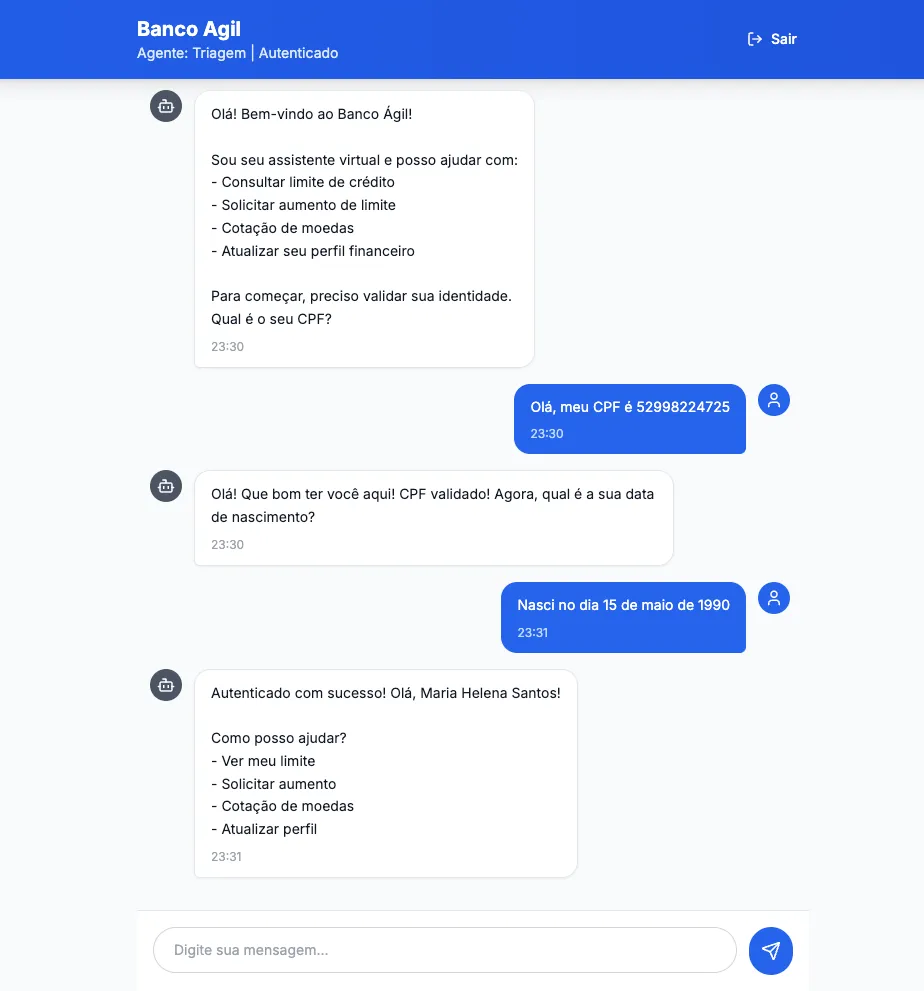 Screenshot Banco Ágil · AI Agents